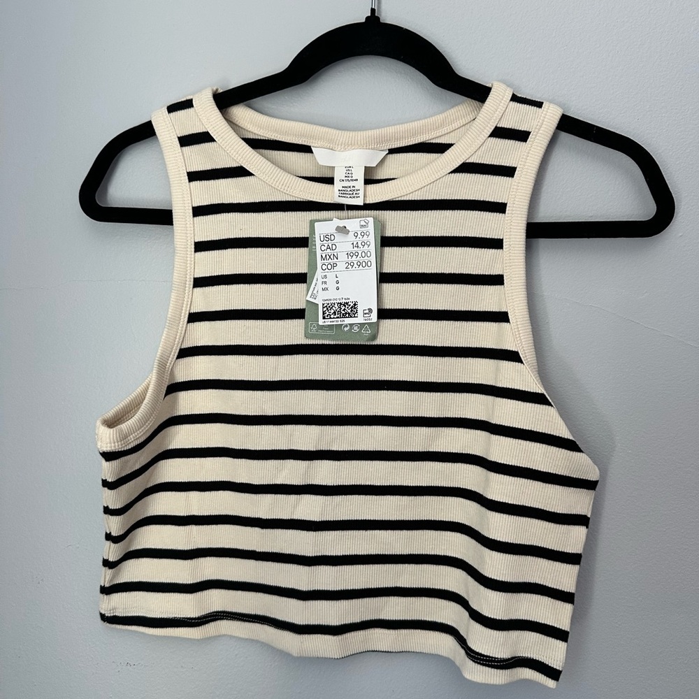 H&M Black and Cream Striped Cropped Tank Top